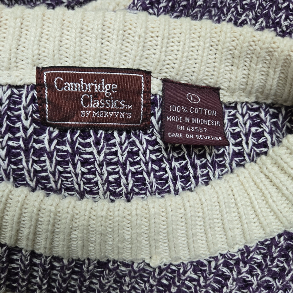Cambridge Classics Mervyn's Vtg Men's Purple Ivory Striped Cable‎ Knit Sweater L - Picture 3 of 6